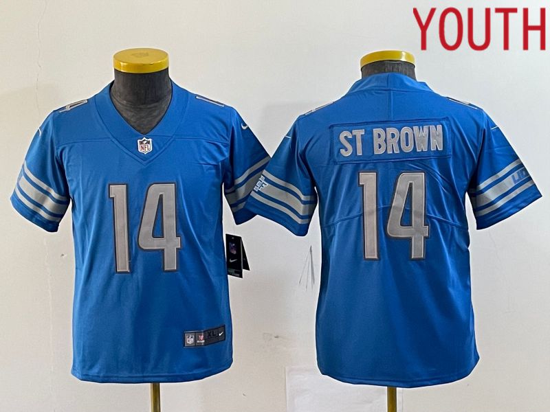 Youth Detroit Lions 14 St Brown Blue 2023 Nike Vapor Limited NFL Jersey style 1